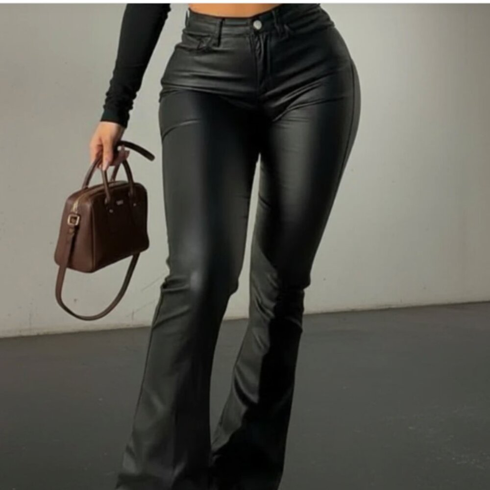 Black Faux Leather Flare Bootcut Pants High Waist